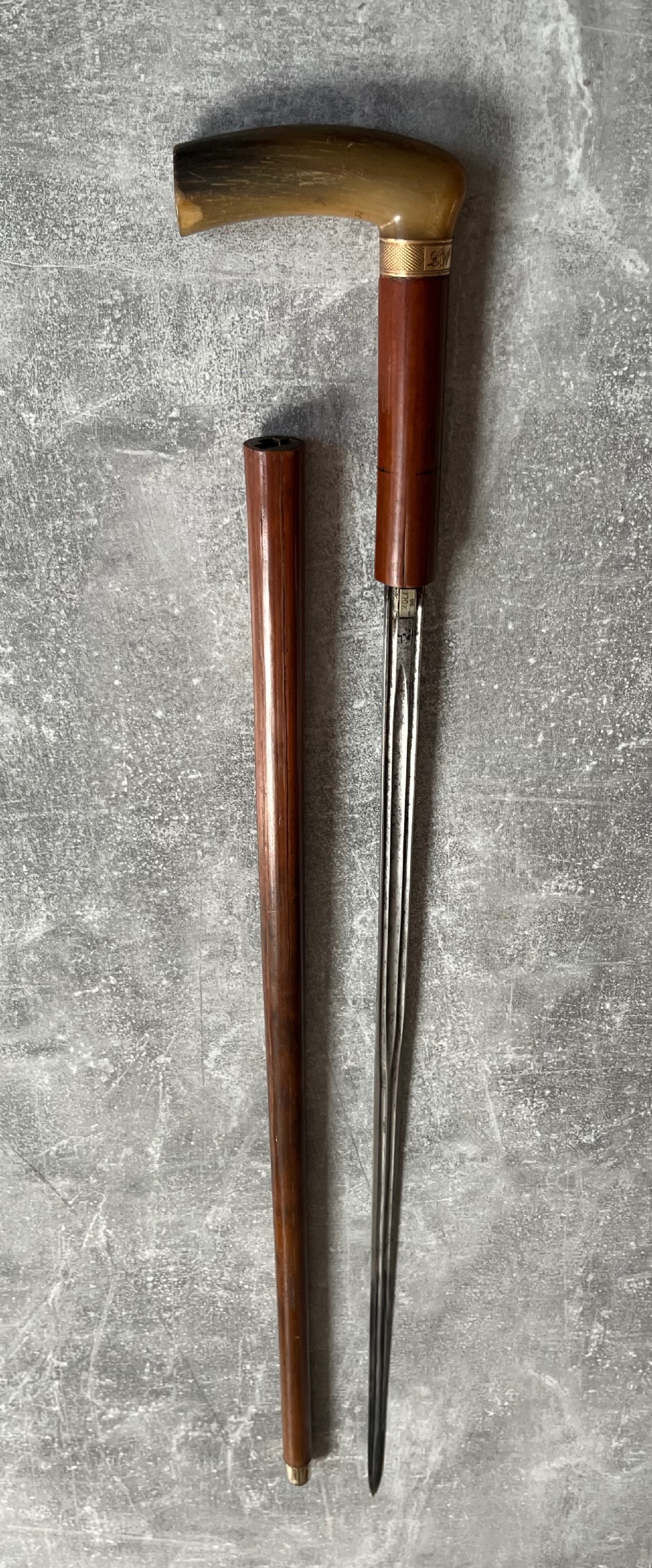 french sword stick horn handle gold coloured collar initials ln