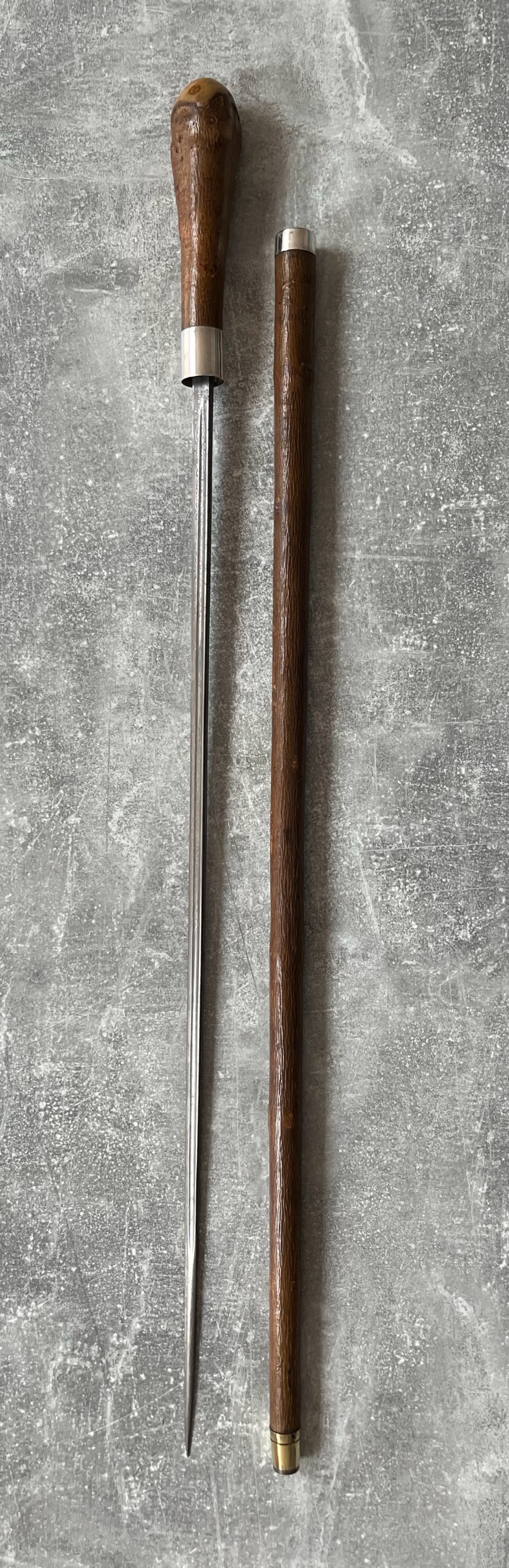 chestnut sword stick root ball handle wilkinson blade silver mounts