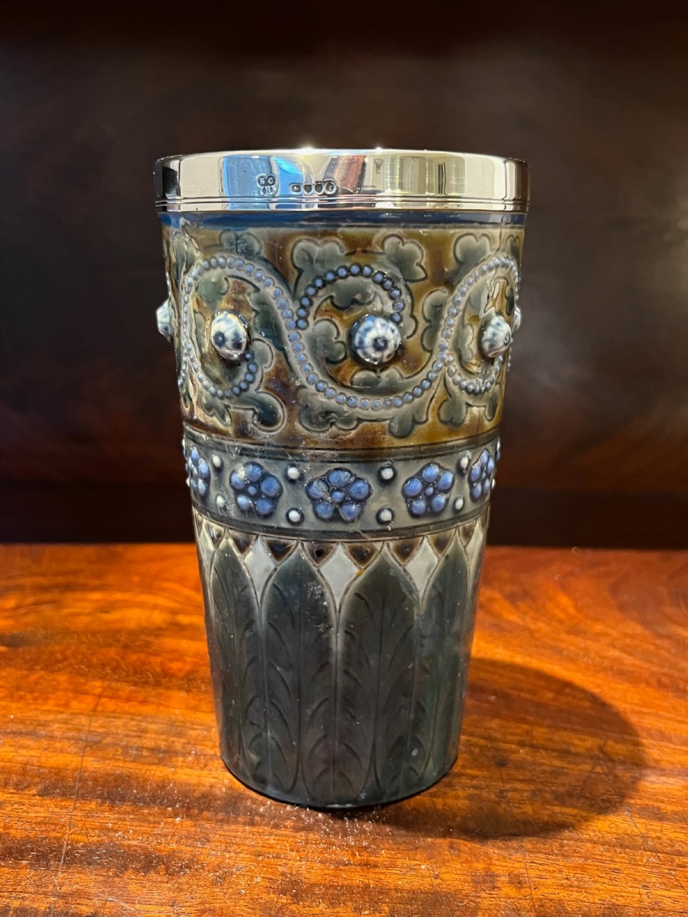 silver mounted doulton lambeth stoneware beaker 1881
