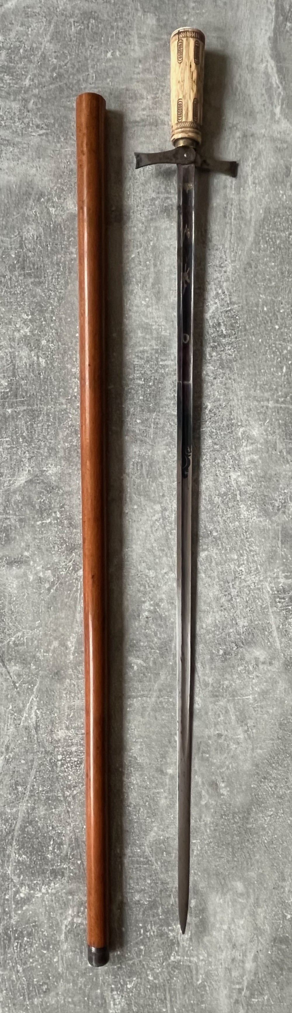 rare malacca sword stick carved bone handle fold out quillons